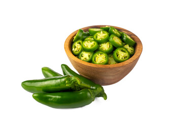 Jalapeno pepper. Green jalapeño pepper on isolated white background. Spicy jalapeno pepper with stem.