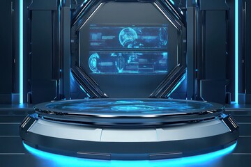 Obraz premium Futuristic podium in 3D, rotating holographic elements with copy space.