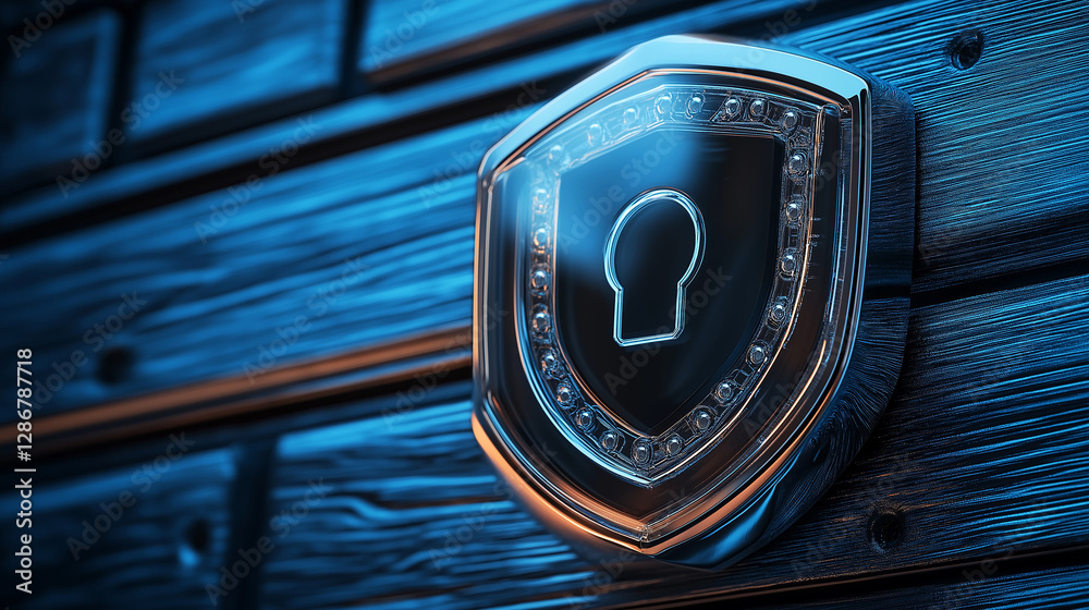 Poster metallic shield protecting keyhole on wooden surface symbolizing security