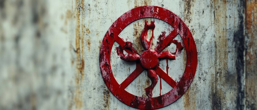 A rusted, red emblem against a worn wall adds a sense of history and industrial artistry to its textured backdrop.