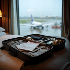 An open suitcase on a hotel bed
