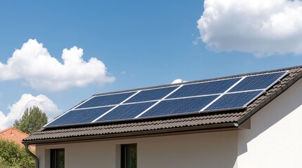 Solar panels on a house roof under a partly cloudy sky. Possible use for energy efficiency