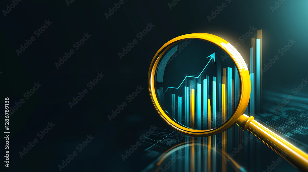 Poster magnifying glass showing increasing statistics chart on dark background