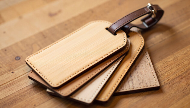 Custom wooden luggage tags resting on natural wood surface, uniqueness