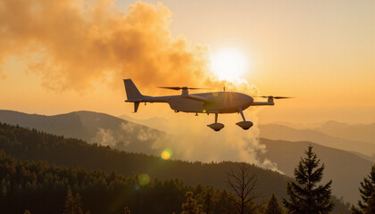 Fototapeta premium Fire-scout drone taking off above smoky forest at sunrise, aerial surveillance