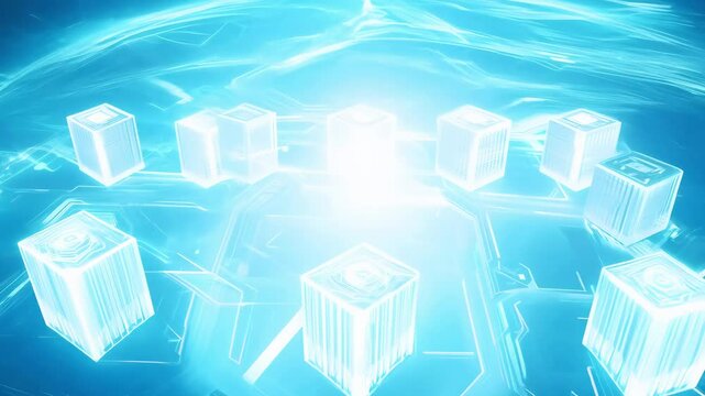 A high-tech digital representation of blockchain technology, featuring glowing interconnected blocks symbolizing data storage, security, and decentralized networks.  

