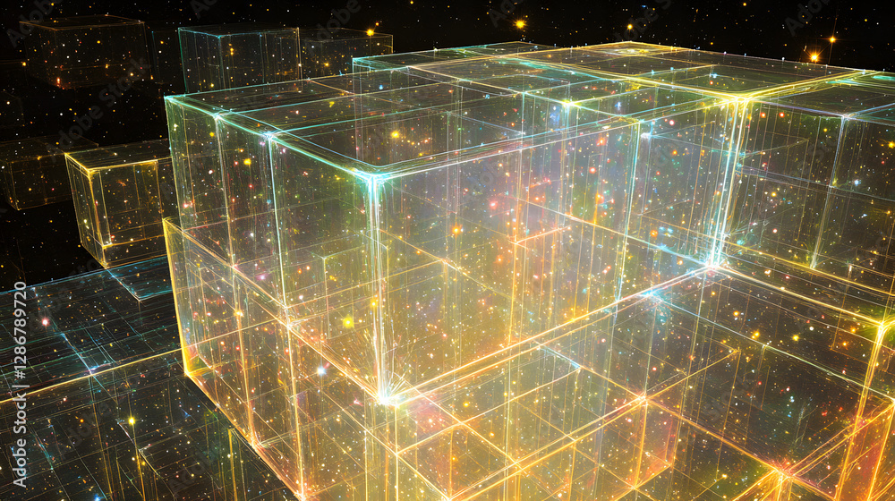 Poster Large illuminated cube with various colored lights creating a mesmerizing visual display