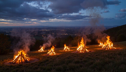 Panoramic view of hilltop bonfires under cloudy skies, Bonfire Night