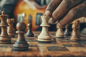 Close-up shot of a Black man's hand as he moves a golden queen chess piece