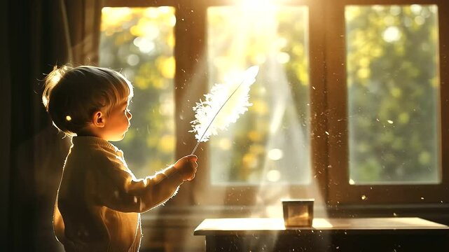 Child playing pretend with a feather duster as a magic wand