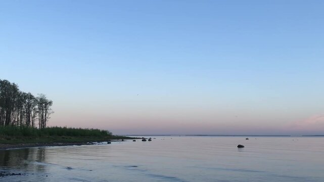 evening lake panorama at sunset, quiet summer even