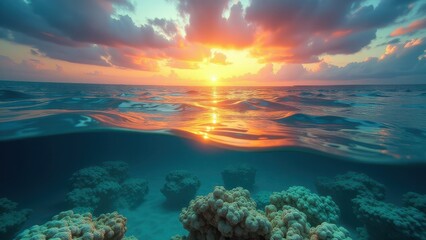 Fototapeta premium Coral reef affected by bleaching under ocean surface at sunset with dramatic colorful sky 