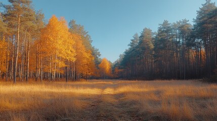 Fototapeta premium Autumnal Forest Path: Golden Canopy and Sunlit Meadow