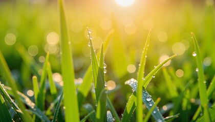 Fototapeta premium Dew drops sparkling on grass at dawn, nature's beauty