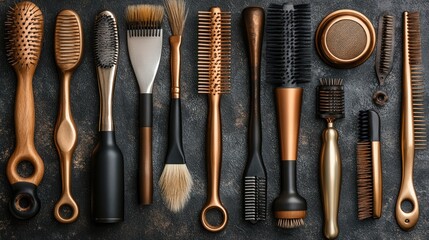 Elegant Hair Styling Tools Collection: A Luxurious Flatlay of Golden and Black Hairbrushes and Combs