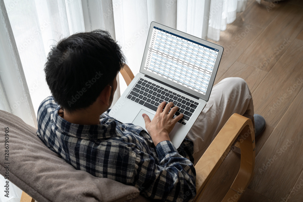 Poster accounting software on computer screen showing financial statement spreadsheets and account balance 