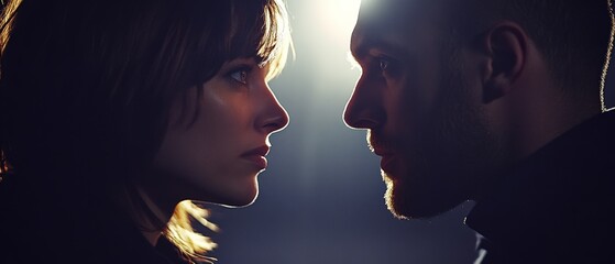 A couple faces each other closely, illuminated by a single spotlight, capturing an intense moment of connection and emotion.
