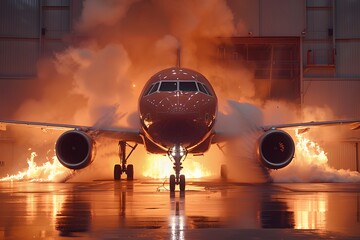 Fototapeta premium Fire blazes around a stationary aircraft inside a hangar during a firefighting drill. Emergency responders put their skills to the test in a powerful simulation, showcasing firefighting techniques