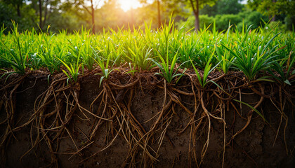 Intertwined roots beneath grass in jungle clearing at twilight, nature's connection