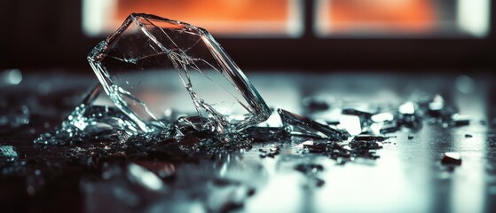 Shattered glass fragments scatter across a dark surface with a warm, blurred background, creating a sense of chaos and abstraction.