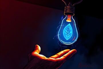 Vivid digital illustration of glowing light bulb with green leaf on hand. Symbolize the connection between human creativity and sustainable energy, eco energy, sustainability