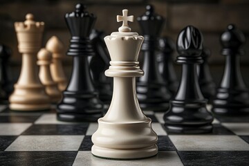 A solitary white chess piece engages in a fierce battle amidst a multitude of black pieces on the board, symbolizing the strategic and creative aspects of a business concept