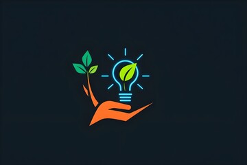 Modern flat-style vector illustration of hand holding light bulb with leaf and plant symbol. Sustainable energy, eco-conscious innovation, environmental protection concept. Logo type. Minimal design