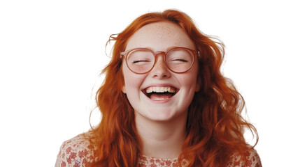 Obraz premium a portrait of a young redhead woman wearing glasses and laughing.