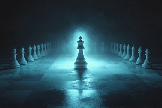 The image of a chess business success leader is presented in a 3D illustration with a neon-themed and self-illuminating background concept
