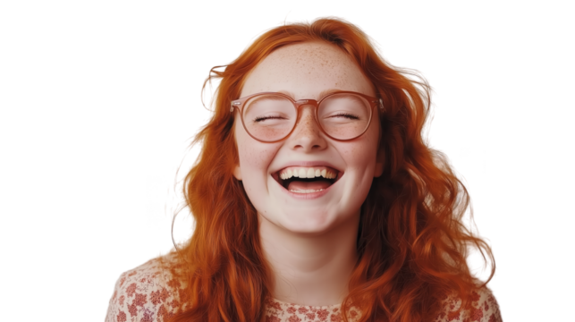 a portrait of a young redhead woman wearing glasses and laughing.