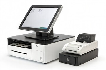 Modern Point of Sale System with Touchscreen Display and Printer, computer printer isolated on white