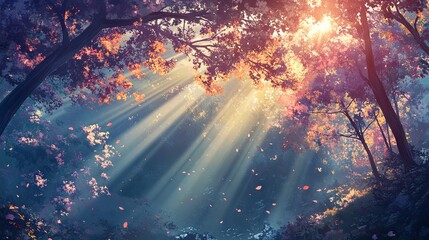 Fototapeta premium Sun rays filtering through the tree branches