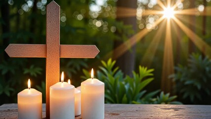 Elegant candles and wooden cross casting warm glows in natural outdoor light, Maundy Thursday