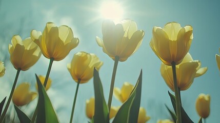 Obraz premium Yellow tulips with sun in spring against the sky