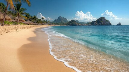 Obraz premium Idyllic Tropical Beach Paradise: Golden Sand, Turquoise Waters, and Majestic Mountains