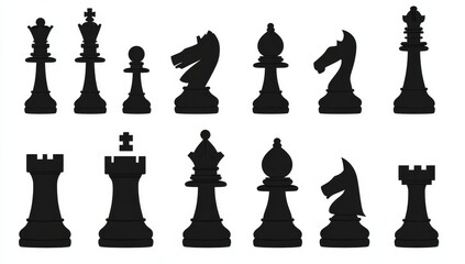 Chess pieces are depicted in outline and silhouette forms for a board game, including king, queen, bishop, knight, rook, and pawn as flat modern icons in black and white