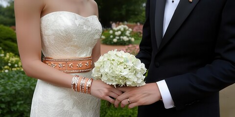 Couple exchanging vows with a beautiful bouquet in the garden.