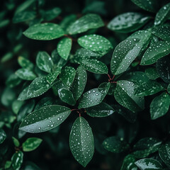 Fototapeta premium Close-up of water droplets on the surface of green leaves after morning rain.