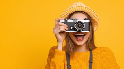 Excited photographer taking photos with vintage camera on yellow background