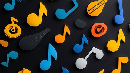 Obraz premium Vibrant 3D Render of Musical Notes and Symbols on Dark Background AI Generated