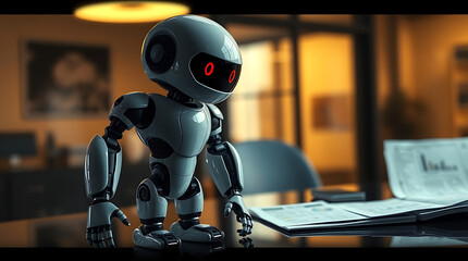 Futuristic Humanoid Robot Standing in a Modern Office Environment, artificial intelligence, AI, futuristic technology, robotics, automation, high-tech, cybernetic, smart robot, advanced robotic.