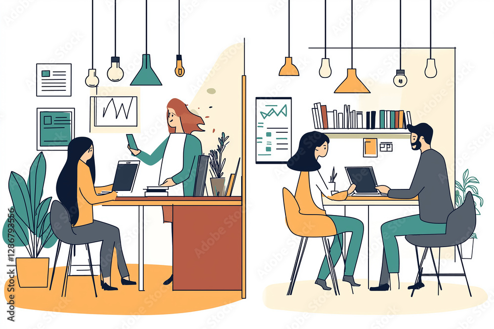 Aufkleber Office workers collaborating and using technology in modern workspace