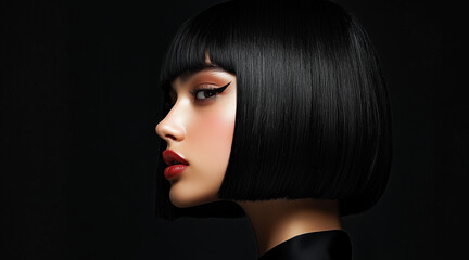 Fototapeta premium A young woman, age 20-35, with a jet-black bob hairstyle, styled short and sleek with straight bangs. Her hair has a high-gloss shine, giving it a bold and classic appearance. Neutral background