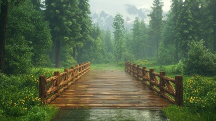 Fototapeta premium Misty forest bridge, rain, mountain view, nature tranquility, travel poster