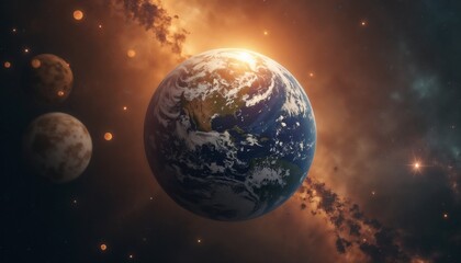 Earth surrounded by cosmic beauty and distant planets illuminated by a radiant sun