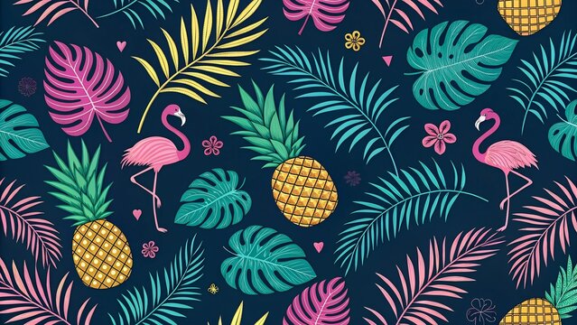 Tropical pattern with flamingos and pineapples on dark background
