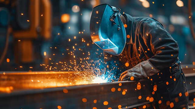  Welder at Work - Metal Fabrication with Sparks and Bright Light - Industrial Manufacturing Process - Protective Gear
