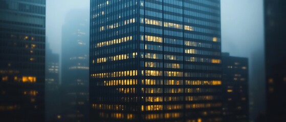 Fototapeta premium Illuminated skyscrapers glow warmly through fog, a beacon of life in a serene, misty city evening.