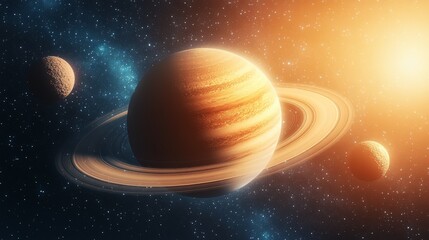 Naklejka premium A stunning view of Saturn in space, showcasing its iconic rings and some smaller celestial bodies floating nearby in a vibrant cosmic environment full of stars.