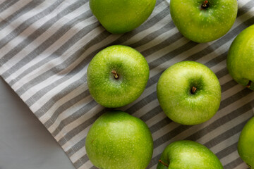Organic Green Granny Smith Apples, top view. Copy space.